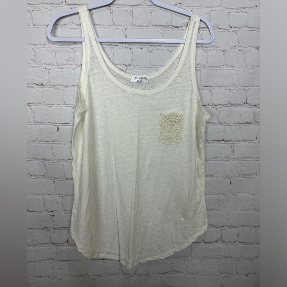 Awake Women's cream Scoop Neck sleeveless semi sheer tank shirt top, sz M, GUC